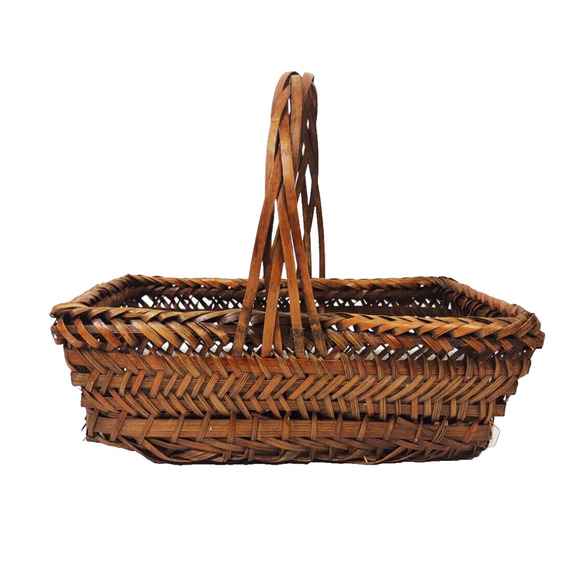 Antique Split Bamboo Asian Handmade Woven Gathering Basket w Handle 10" - Picture 1 of 8
